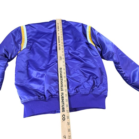 VINTAGE 80S LOS ANGELES LAKERS NBA STARTER SATIN PATCH BOMBER JACKET - Picture 11 of 12